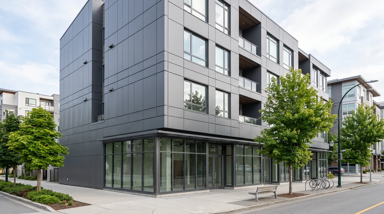 Commercial building facade clad in metal ACM panels in Vancouver