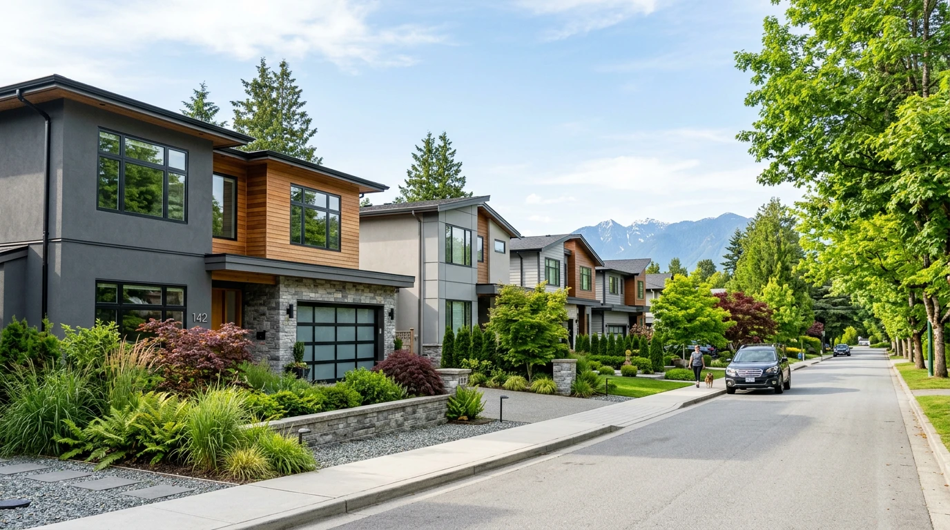 Aerial panoramic view of Vancouver cityscape with mountains and residential neighborhoods