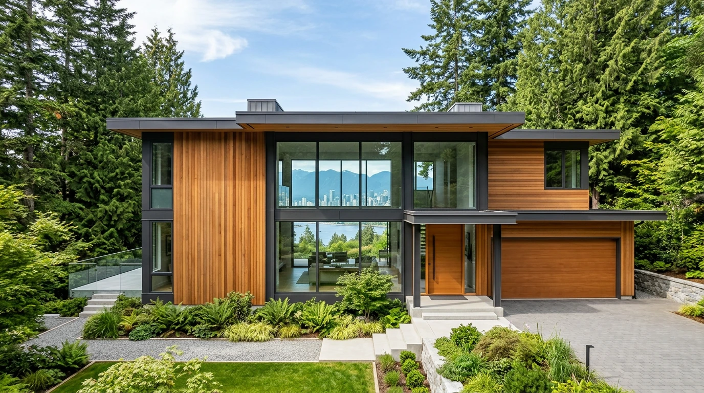 Contemporary architectural window installation with wood accents in Vancouver