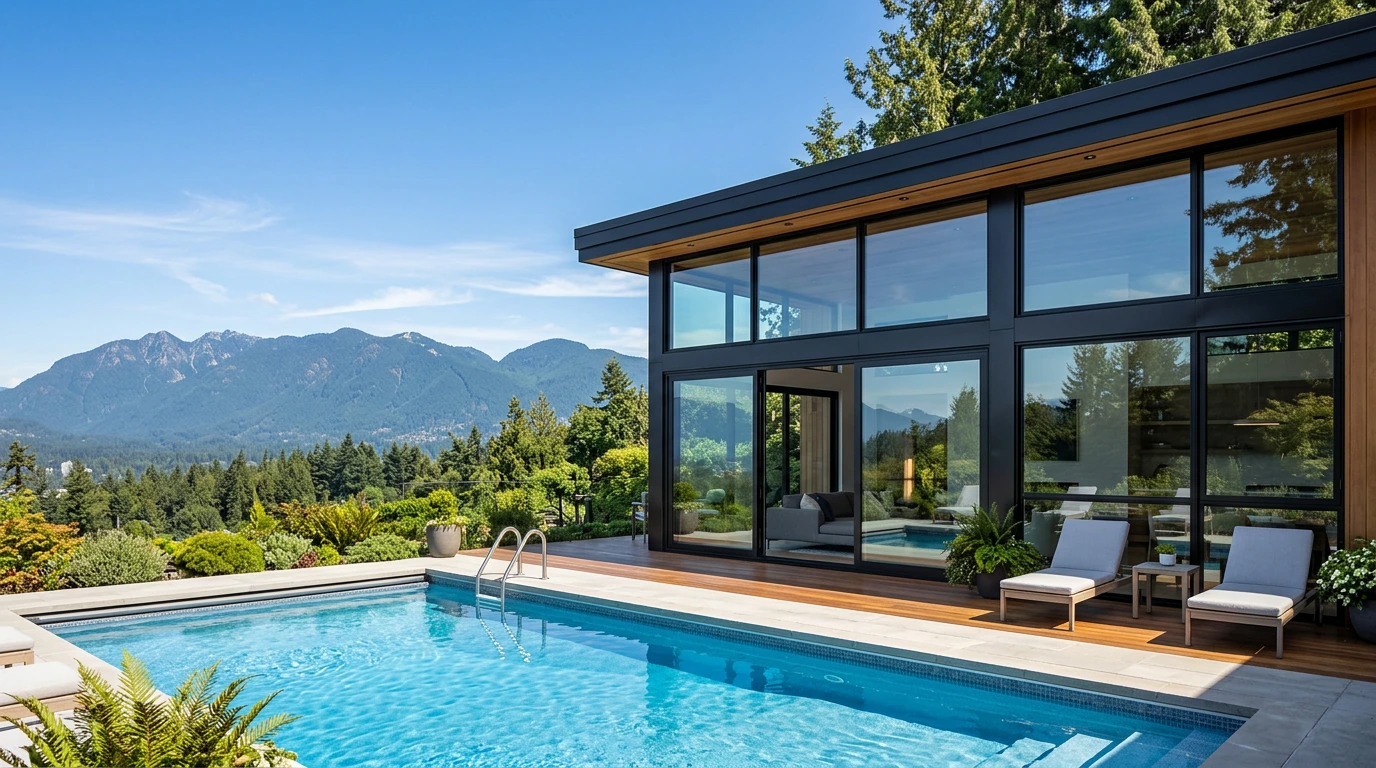 Floor-to-ceiling sliding doors and picture windows on West Vancouver pool house