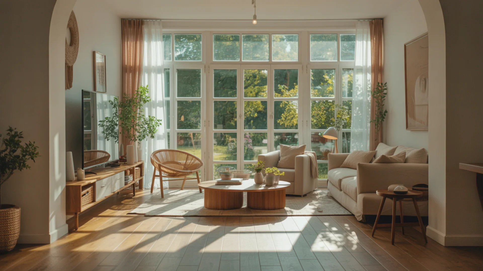 Bright and airy living room interior with large beautiful windows letting in natural light