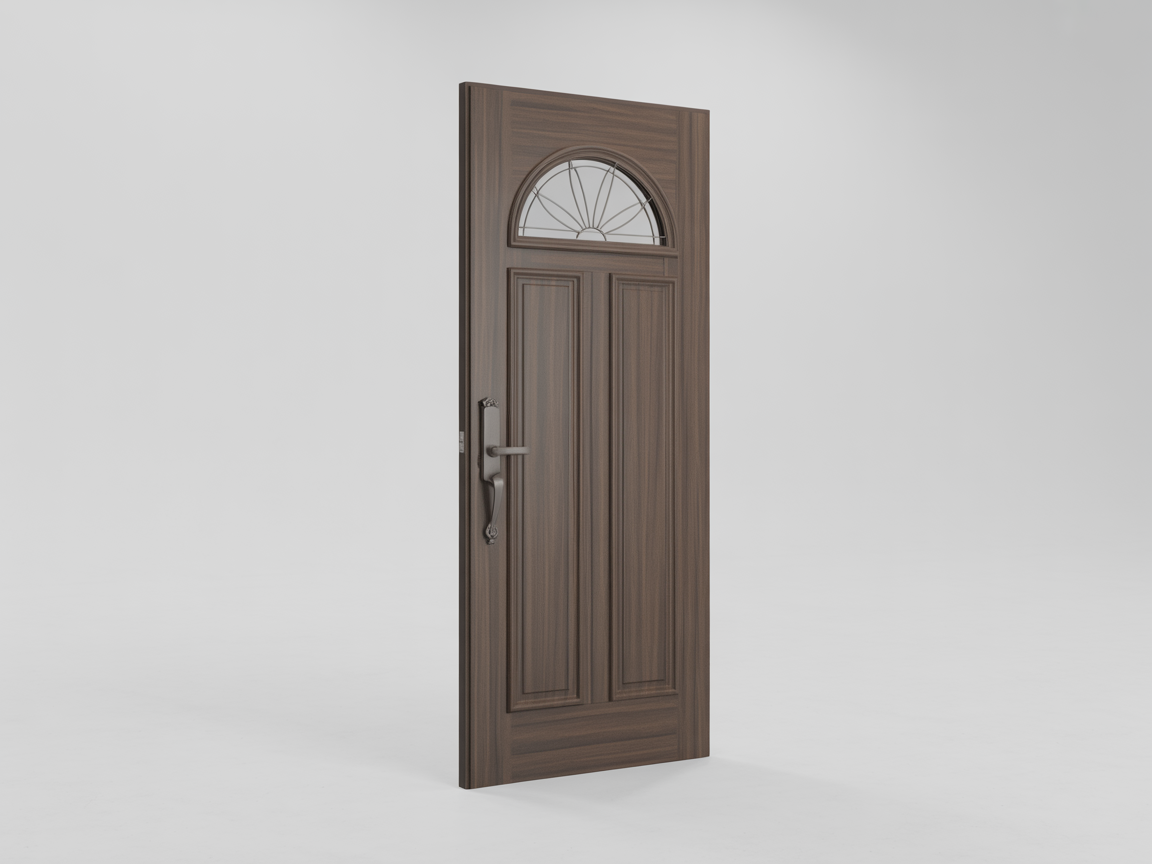 Premium fiberglass entrance door with decorative glass insert and brushed nickel hardware